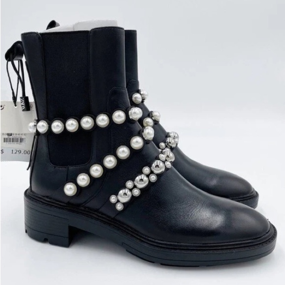 Zara Black Pearl-Embellished Ankle Boots